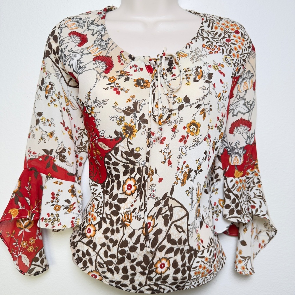 VTG‎ 90s Women Fairy Grunge Boho Top Large Patchwork Western Bell Flare Sleeve - Picture 9 of 12